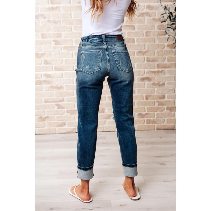 Judy Blue Mid Rise Cuffed Destroyed Boyfriend Jeans 82427 Stretchy Denim (Reg & Curvy) can be uncuffed - Please Size down 1 from street size - run generously