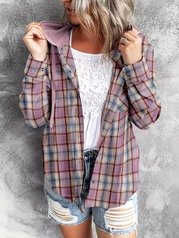 Women's Plaid Print Button Front Drawstring Hooded Jacket, Casual Pocket Drop Shoulder Long Sleeve Outerwear for Fall, Jackets for Women, Women's Clothing for Daily Wear