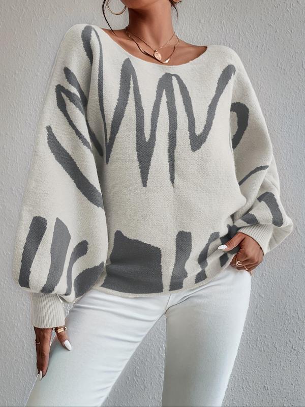 Women's Geometric Print Bishop Sleeve Boat Sweater, Casual Long Sleeve Knit Top for Fall & Winter, Sweaters for Women, Fashion Ladies' Knitwear for Daily Wear, Sweaters for Women, Fall Outfits, Fallfreshness