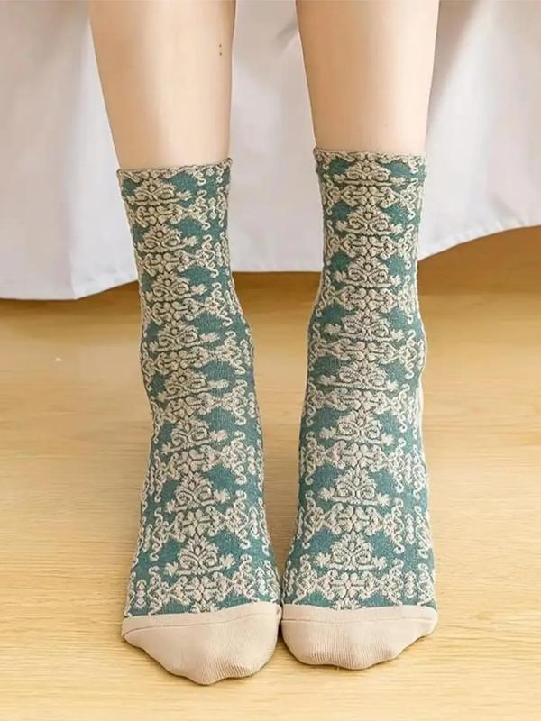 Women's Colorblock Jacquard Crew Socks, Vintage Style Comfy Socks for Daily Wear, Ladies Socks for All Seasons