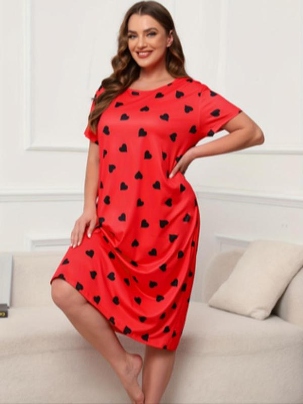  All Over Heart & Polka Dot Print Drop Shoulder Nightdress, Casual Comfy Short Sleeve Round Neck Nightgown for Women, Women's Plus Size Sleepwear for All Seasons