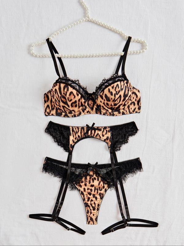 Women's Leopard Print Contrast Lace Bra & Thong & Garter Belt Three-Piece Set, Sexy Comfy Breathable Lingerie Set for Daily Wear, Women's Underwear Set for All Seasons