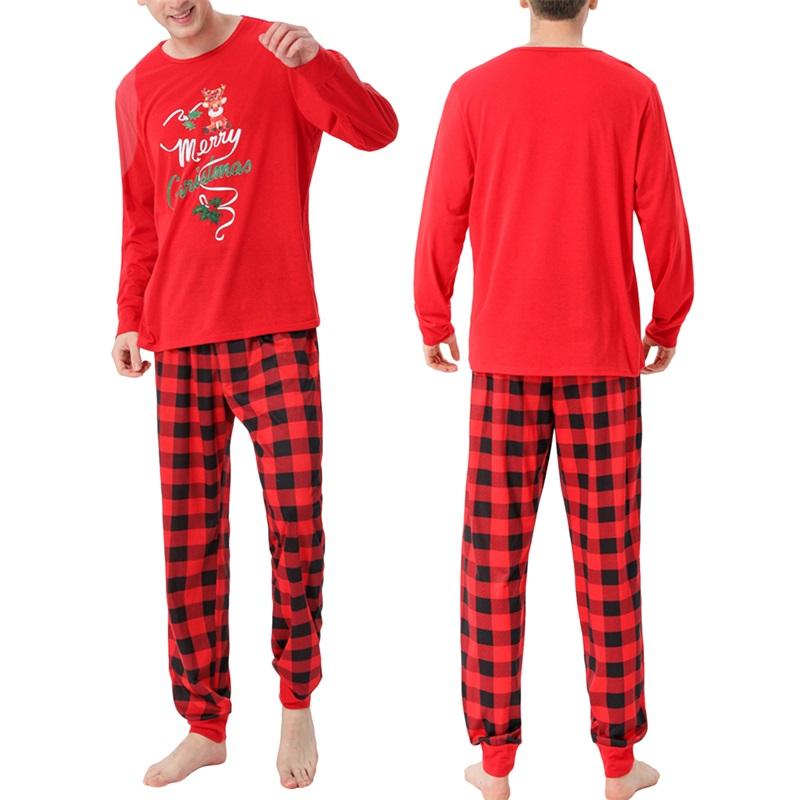 Red Christmas Parent-child Nightwear Set, Red Plaid and Letters Printed Pattern Long Sleeve Tops and Pants