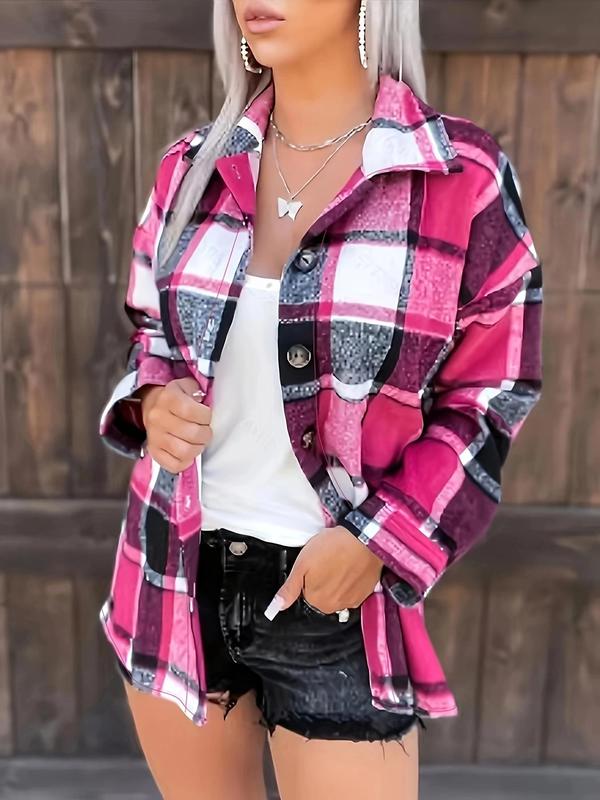 Plus Plaid Print Button Front Drop Shoulder Blouse, Casual Long Sleeve Collared Top for Spring & Fall,  Fall Clothing Women, Women's Clothes for Daily Wear