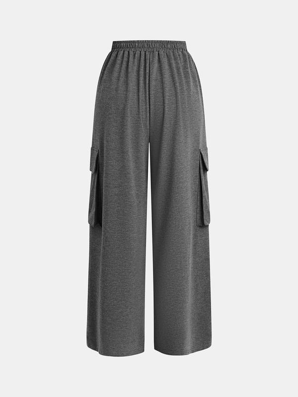 YOZY [3 colors] Plain Pocket Elastic Waist Wide Leg Pants, Casual High Waist Trousers, 2024 Women's All Season Outfits for Daily Wear