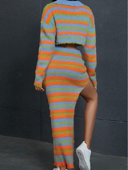 Striped Knitted High Slit Skirt