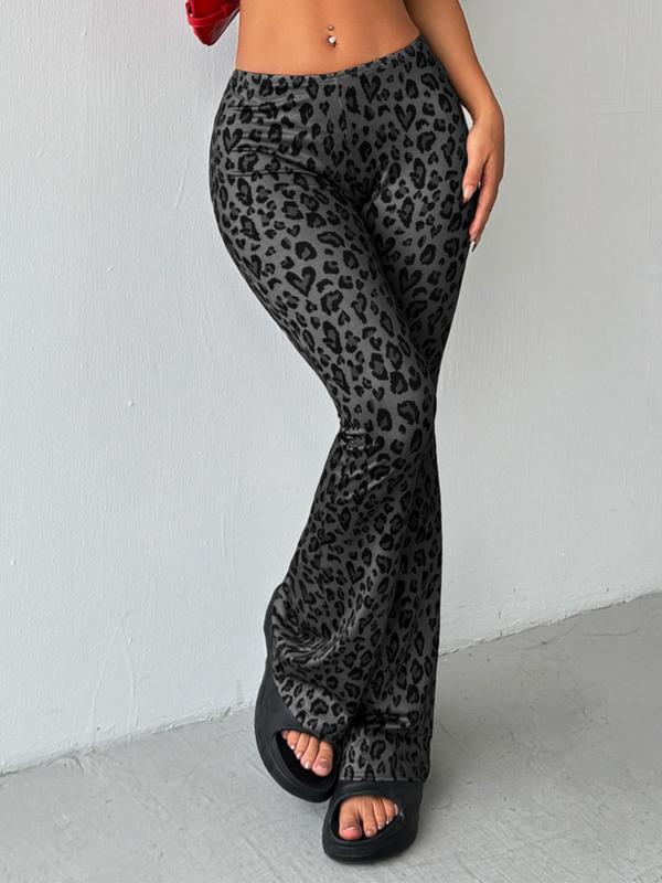 Women's Leopard Print Flare Leg Pants, Casual Comfy Elastic Waist Bell Bottom Trousers for Spring & Fall, Women's Bottoms for Daily Wear