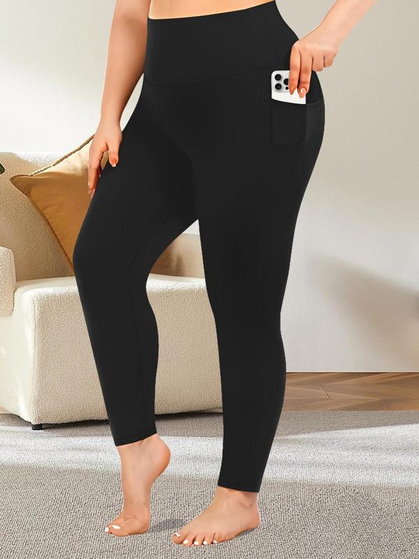 Plus Size Solid Pocket High Waist Leggings, Casual Comfy High Stretch Skinny Pants for Women, Women's Bottoms for All Seasons, Tiktop Shop