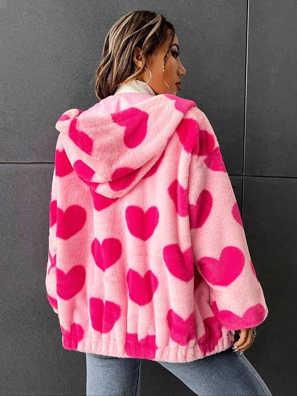 Unisex's Heart Print Drop Shoulder Zip Up Flannel Hooded Jacket, Fashion Casual Long Sleeve Thermal Lined Hooded Outerwear for Daily Outdoor Wear, Winter Clothes Women, Unisex's Clothing for Fall & Winter