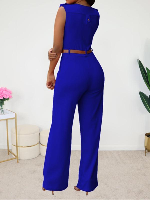 Women's Solid Belted Pocket Wide Leg Jumpsuit, Elegant Deep V Neck Sleeveless Jumpsuit for Work Office Business, Ladies Summer Clothes