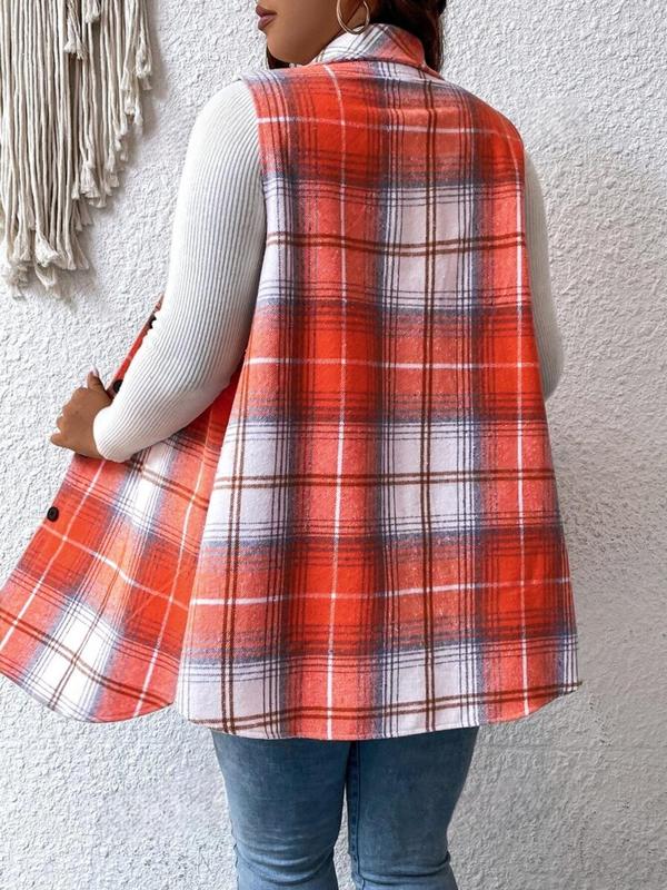  Plaid Print Button Front Waistcoat, Casual Sleeveless Collared Outerwear for Spring & Fall, Women's Plus Size Clothes for Daily Wear, Womenswear