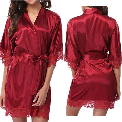 Women's Night Robes, Medium Sleeve Lace Smooth Robes, Bridesmaid Bridal Party Satin Robes, Sleepwear with Removable Waist Belt