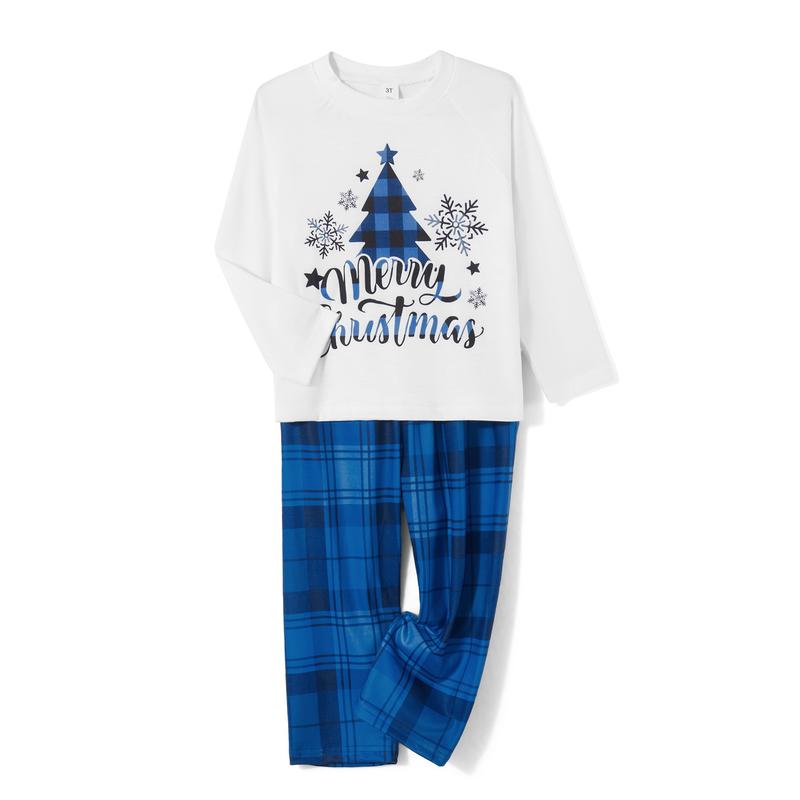 Family Matching Christmas Pajamas, Christmas Tree&Letter Print Long-Sleeved Tops + Plaid Trousers Sleepwear Outfits