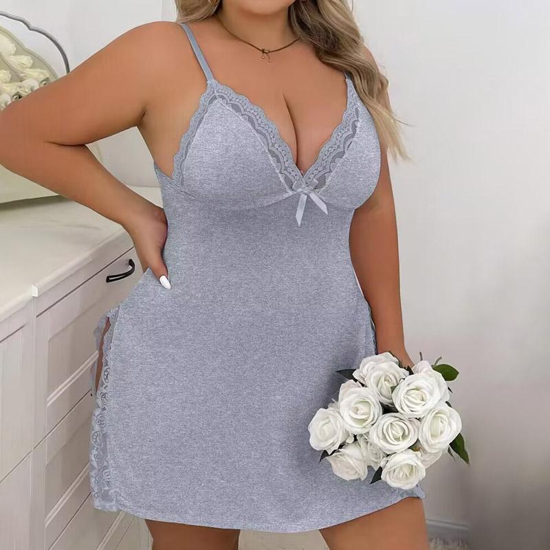 Chicme Plus Size Bowknot Decor Lace Patch Sitt Sleep Dress Fit Nightwear