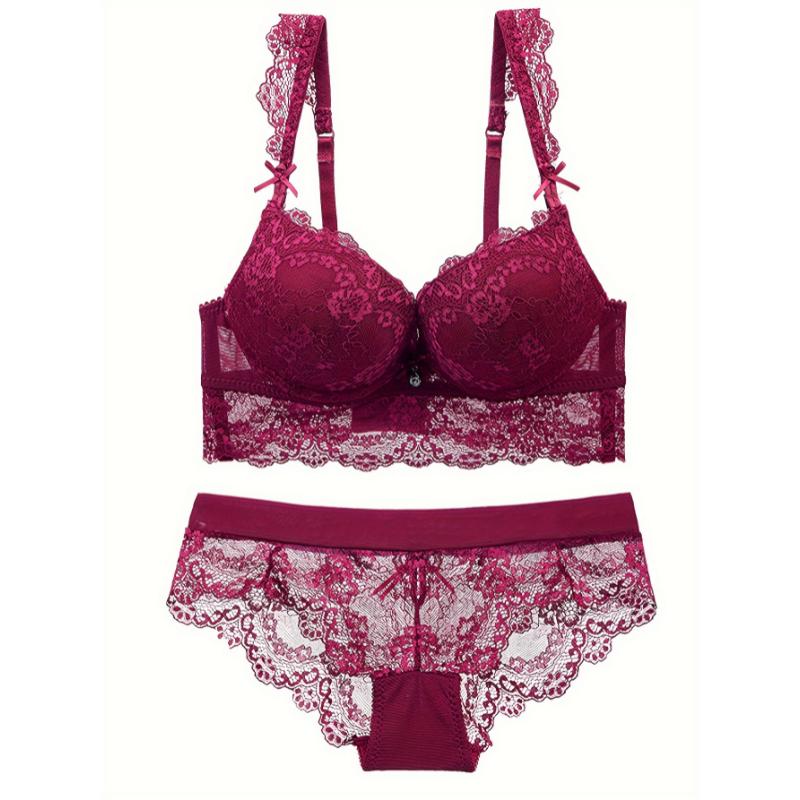 Full Coverage Scallop Trim Elegant Solid Floral Lace Bra & Panty Lingerie Set, Women's Lingerie & Underwear Push Up