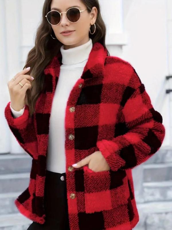 Women's Plaid Print Button Front Fuzzy Coat, Casual Long Sleeve Pocket Collared Outerwear for Fall & Winter, Ladies Clothes for Daily Wear