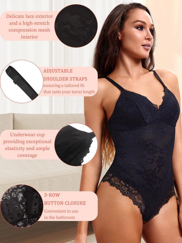 Bodysuit for Women, Tummy Control Cami Shapewear, Women's V-neck Sexy Lace Breast Support Adjustable Shaper for Bridal Bodysuit, Tummy Control Clothing Bodysuits, Body Shapewear