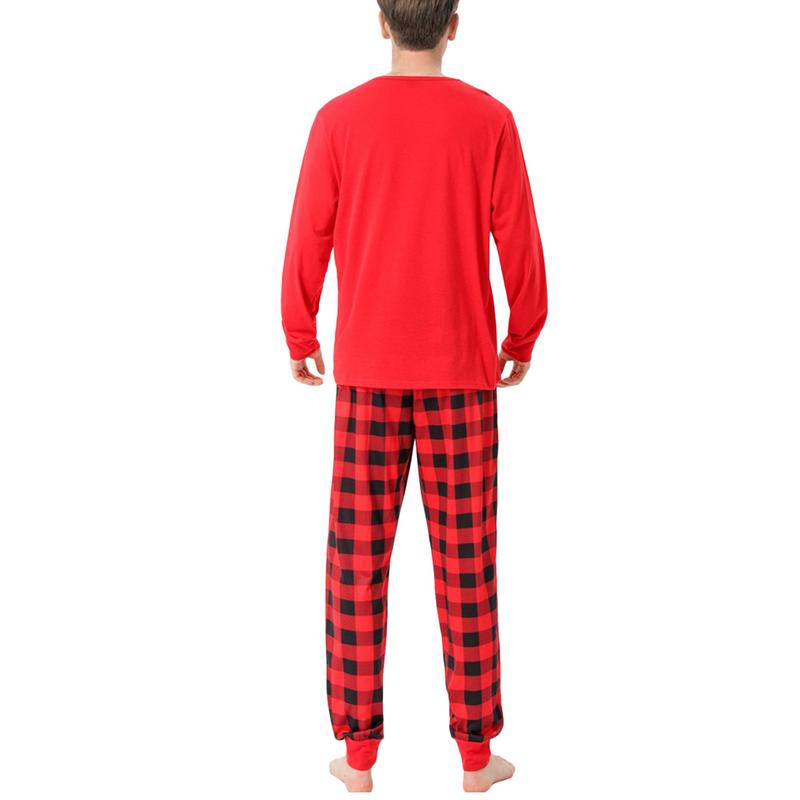 Red Christmas Parent-child Nightwear Set, Red Plaid and Letters Printed Pattern Long Sleeve Tops and Pants