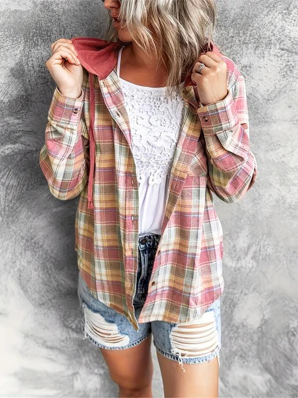 Women's Plaid Print Button Front Drawstring Hooded Jacket, Casual Pocket Drop Shoulder Long Sleeve Outerwear for Fall, Jackets for Women, Women's Clothing for Daily Wear