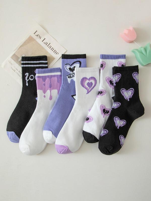 Women's 7 Pairs Heart & Letter Print Crew Socks, Preppy Casual Soft Comfortable Breathable Striped Print Mid-calf Socks for Daily Wear, Multipack Knit Socks for All Seasons