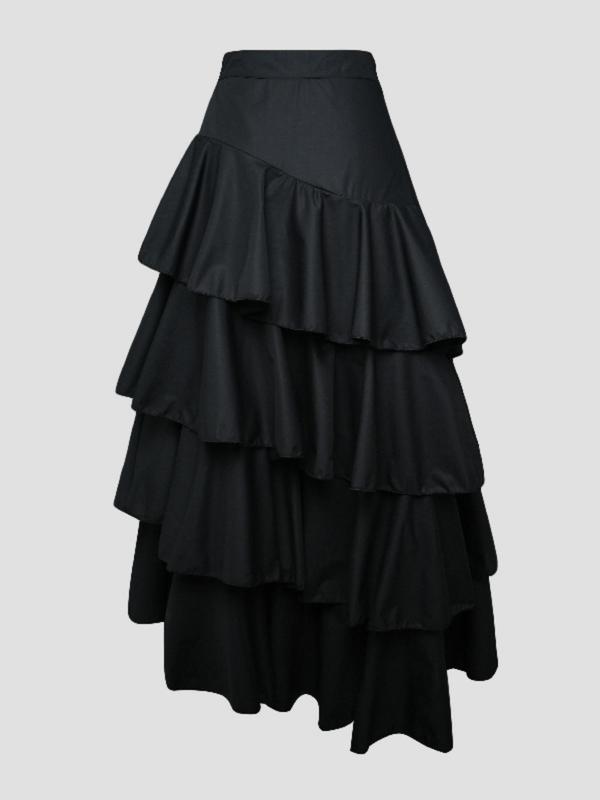 Women's Solid Ruffle Hem Tiered Layer A Line Skirt, Elegant Fashion Casual Long Skirt for Daily Outdoor Wear, Ladies Bottoms for All Seasons