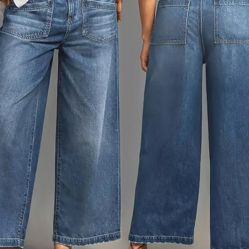 Vintage-Inspired Mid-Rise Wide Leg Jeans for Women - Casual Denim with Frayed Hem & Slant Pockets, Stretch Cotton Blend Womenswear Bottom