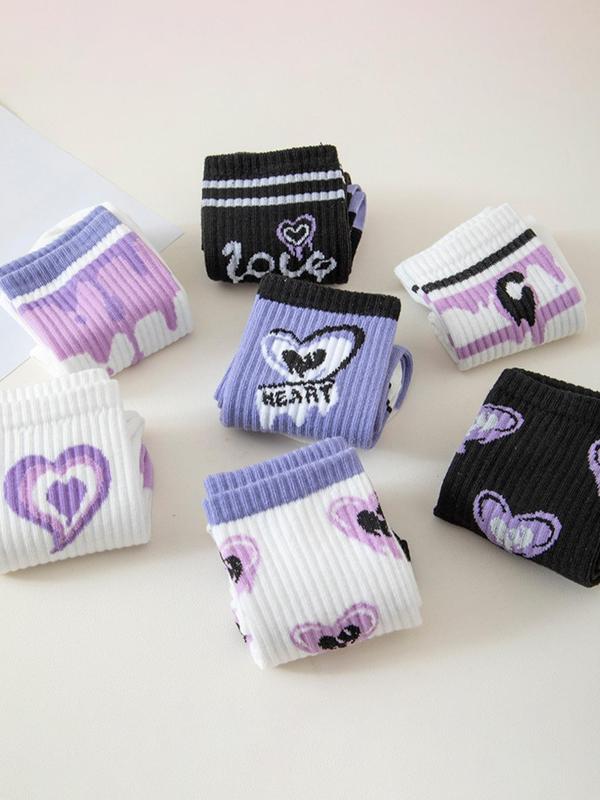 Women's 7 Pairs Heart & Letter Print Crew Socks, Preppy Casual Soft Comfortable Breathable Striped Print Mid-calf Socks for Daily Wear, Multipack Knit Socks for All Seasons