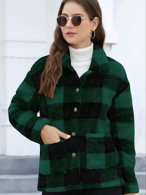 Women's Plaid Print Button Front Fuzzy Coat, Casual Long Sleeve Pocket Collared Outerwear for Fall & Winter, Ladies Clothes for Daily Wear