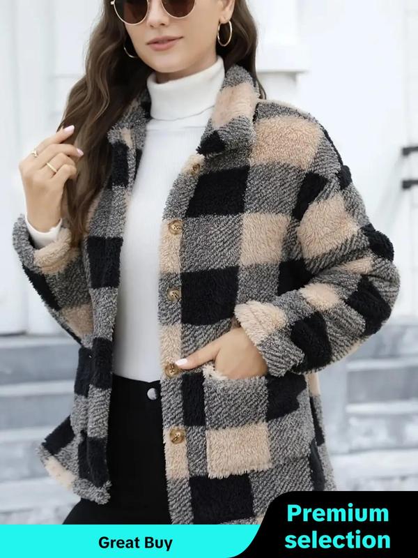 Women's Plaid Print Button Front Fuzzy Coat, Casual Long Sleeve Pocket Collared Outerwear for Fall & Winter, Ladies Clothes for Daily Wear