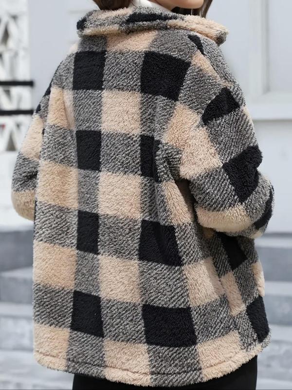 Women's Plaid Print Button Front Fuzzy Coat, Casual Long Sleeve Pocket Collared Outerwear for Fall & Winter, Ladies Clothes for Daily Wear