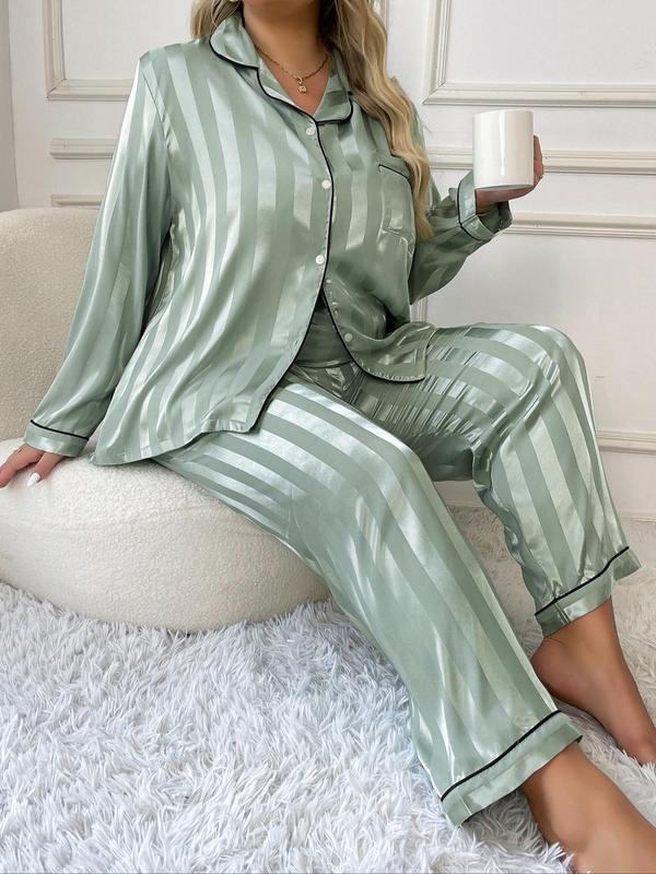 @ShopwithJulie Collection Plus Size Women's Contrast Binding Satin Pyjama Set, Fashion Lapel Pocket Button Shirt & Elastic Waist PJ Pants, Women's Plus Sleepwear Lounge Set