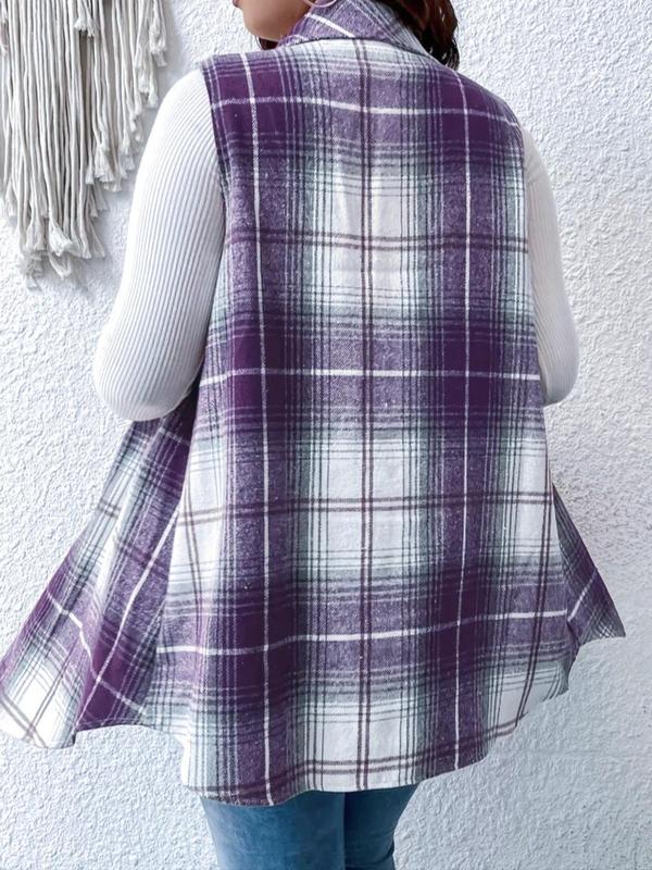  Plaid Print Button Front Waistcoat, Casual Sleeveless Collared Outerwear for Spring & Fall, Women's Plus Size Clothes for Daily Wear, Womenswear