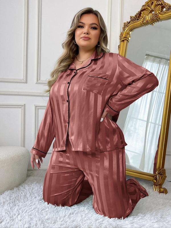 @ShopwithJulie Collection Plus Size Women's Contrast Binding Satin Pyjama Set, Fashion Lapel Pocket Button Shirt & Elastic Waist PJ Pants, Women's Plus Sleepwear Lounge Set