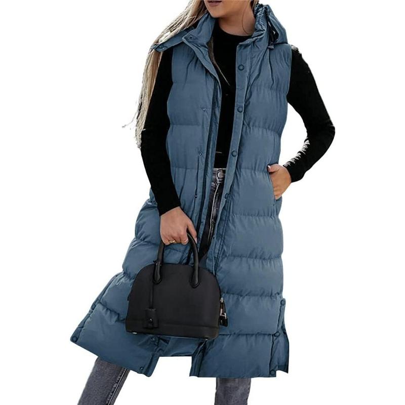 Tankaneo Women's Vest Quilted Long Quilted Vest with Hood Long Sleeve Button Down Puff Vest Cotton Padded Jacket Winter Coat