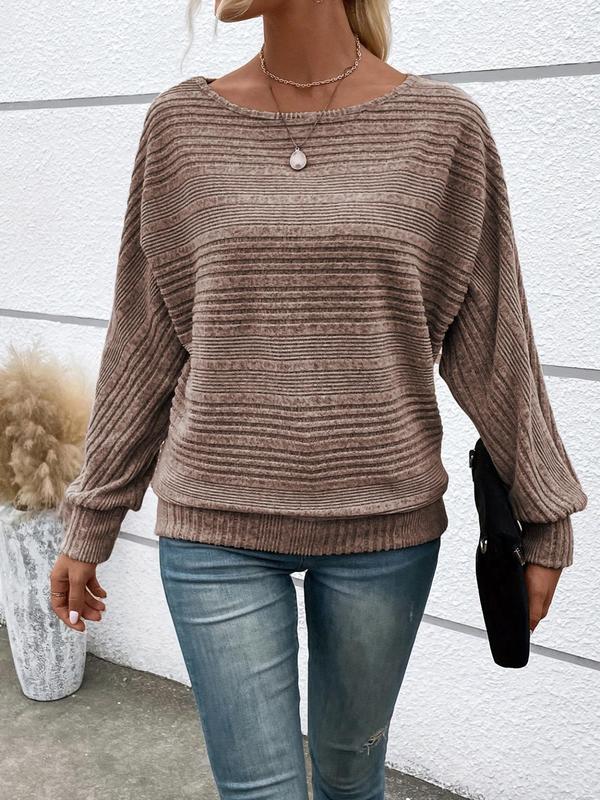 Women's Plain Ribbed Batwing Sleeve Boat Neck Sweater, Casual Long Sleeve Jumper for Spring & Fall, Fashion Women's Knitwear for Daily Wear