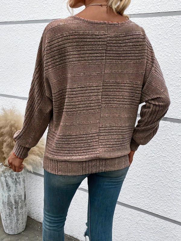 Women's Plain Ribbed Batwing Sleeve Boat Neck Sweater, Casual Long Sleeve Jumper for Spring & Fall, Fashion Women's Knitwear for Daily Wear