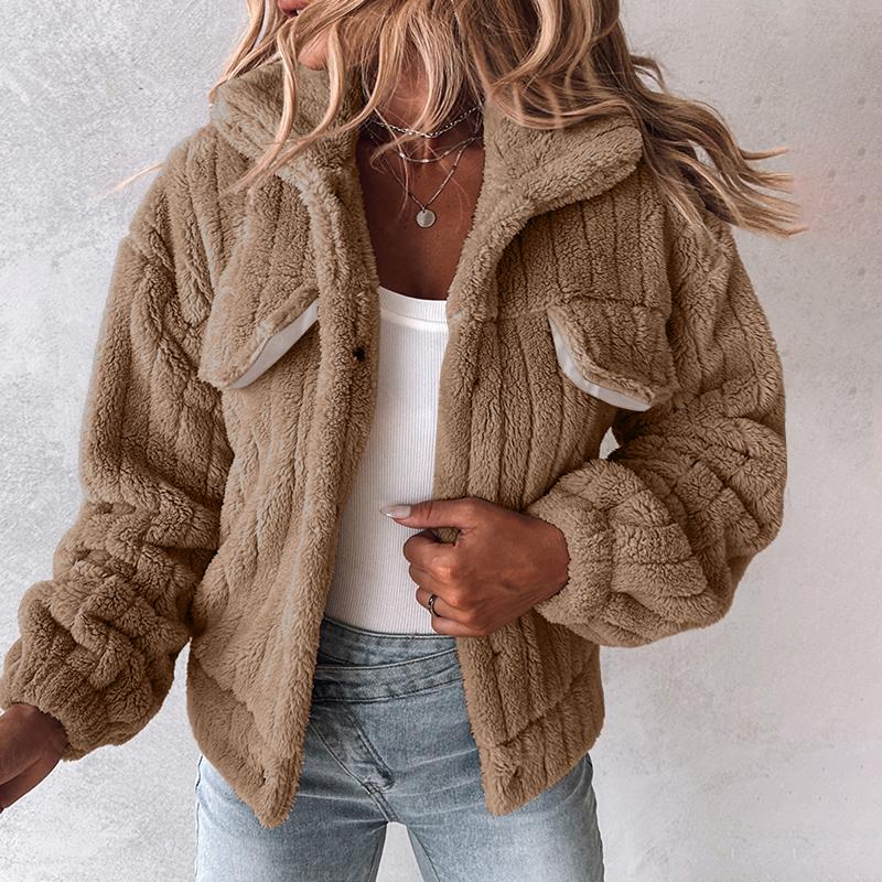 ChicMe Women's Turn-down Collar Button Down Teddy Jacket Long Sleeve Flap Detail Thermal Winter Coat Casual Womenswear