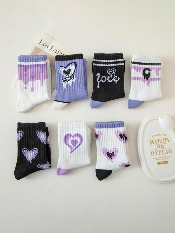 Women's 7 Pairs Heart & Letter Print Crew Socks, Preppy Casual Soft Comfortable Breathable Striped Print Mid-calf Socks for Daily Wear, Multipack Knit Socks for All Seasons