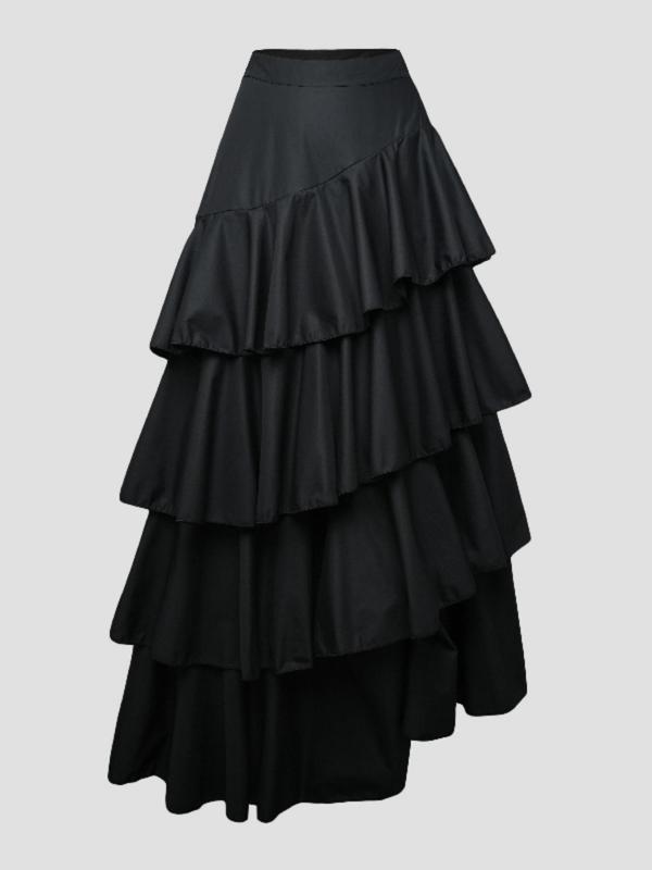 Women's Solid Ruffle Hem Tiered Layer A Line Skirt, Elegant Fashion Casual Long Skirt for Daily Outdoor Wear, Ladies Bottoms for All Seasons