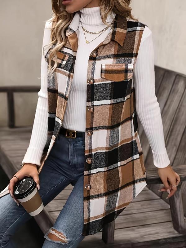 Women's Plaid Print Button Front Fake Pocket Vest Coat, Casual Sleeveless Collared Outerwear for Fall & Winter, Ladies Clothes for Daily Wear