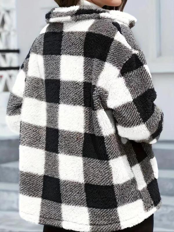 Women's Plaid Print Button Front Fuzzy Coat, Casual Long Sleeve Pocket Collared Outerwear for Fall & Winter, Ladies Clothes for Daily Wear