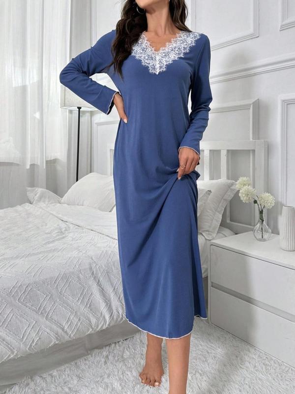 Women's Contrast Lace V Neck Nightdress, Casual Long Sleeve Nightgown for All Seasons, Soft Comfy Sleepwear for Women