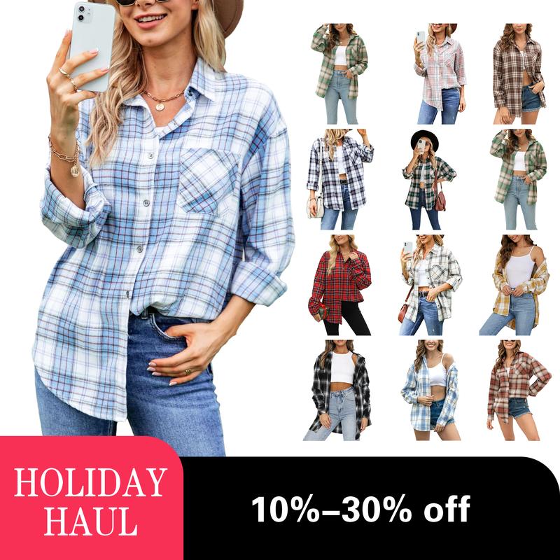 Lumister women's Oversized comfortable Flannel Shirt Women  Plaid Button Buffalo Shirt Blouse Tops Womenswear Underwear Lady Comfort Casual shirt Collar Collared Longsleeves BlackFriday Gift