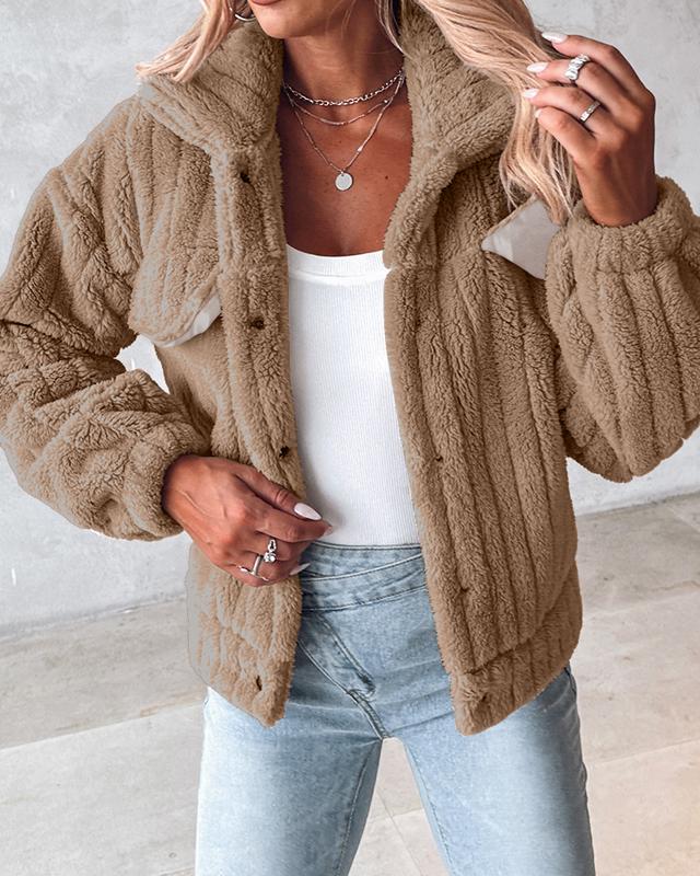 ChicMe Women's Turn-down Collar Button Down Teddy Jacket Long Sleeve Flap Detail Thermal Winter Coat Casual Womenswear