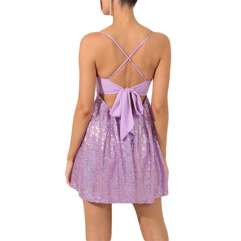 Women s Sexy Sequin Halter Mini Dress Backless Glitter Spagetti Straps Ruched Sparkly Swing A-Line Dinner Dress