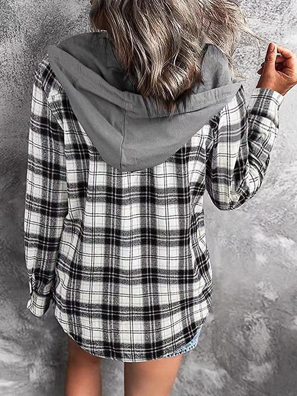 Women's Plaid Print Button Front Drawstring Hooded Jacket, Casual Pocket Drop Shoulder Long Sleeve Outerwear for Fall, Jackets for Women, Women's Clothing for Daily Wear