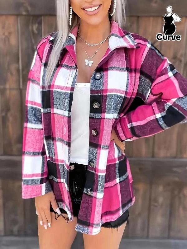 Plus Plaid Print Button Front Drop Shoulder Blouse, Casual Long Sleeve Collared Top for Spring & Fall,  Fall Clothing Women, Women's Clothes for Daily Wear