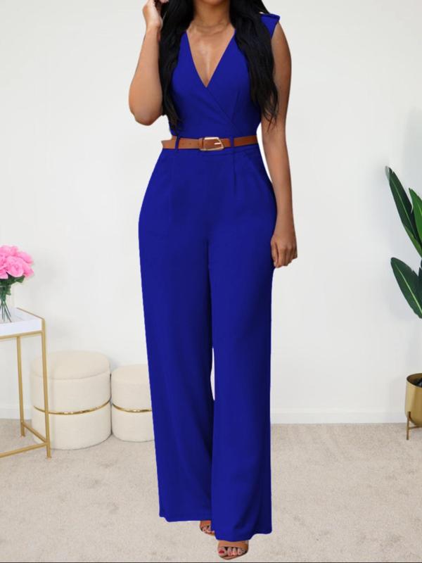 Women's Solid Belted Pocket Wide Leg Jumpsuit, Elegant Deep V Neck Sleeveless Jumpsuit for Work Office Business, Ladies Summer Clothes