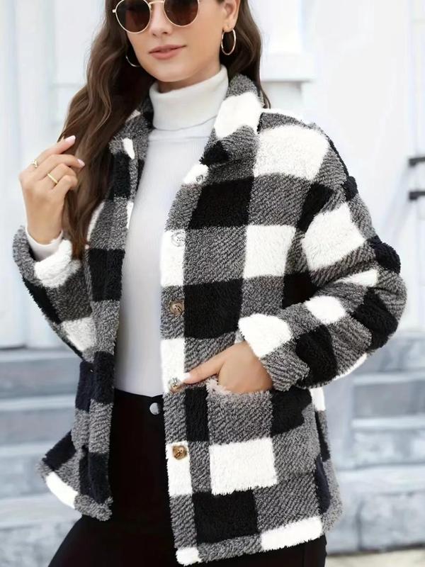 Women's Plaid Print Button Front Fuzzy Coat, Casual Long Sleeve Pocket Collared Outerwear for Fall & Winter, Ladies Clothes for Daily Wear