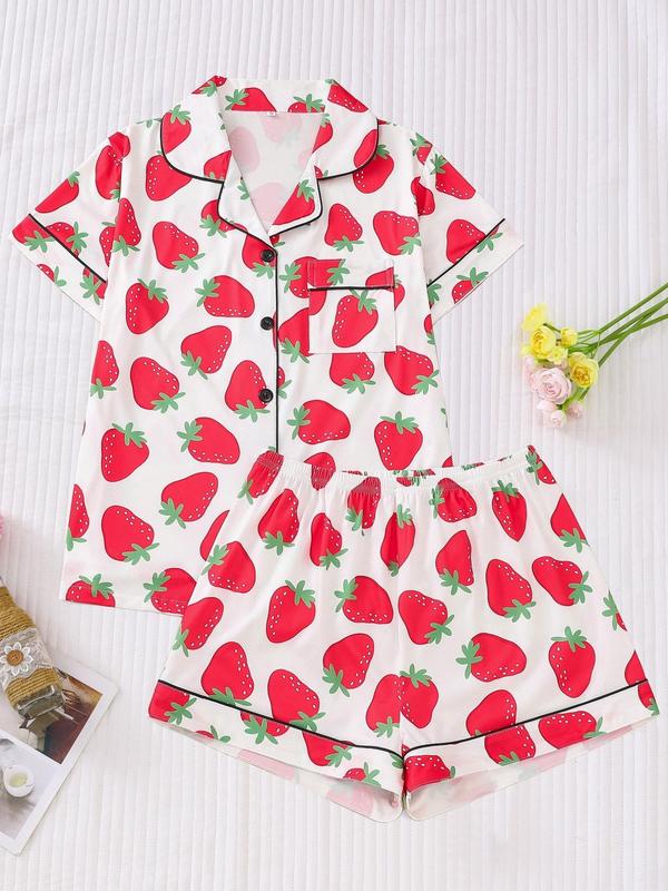 2 Piece Set Women's All Over Print Contrast Binding Pajama Set, Cute Button Front Shirt & Elastic Waist Shorts, Summer Wear 2024, Women Nightwear, Back To School Wear, Summer Lounge Set